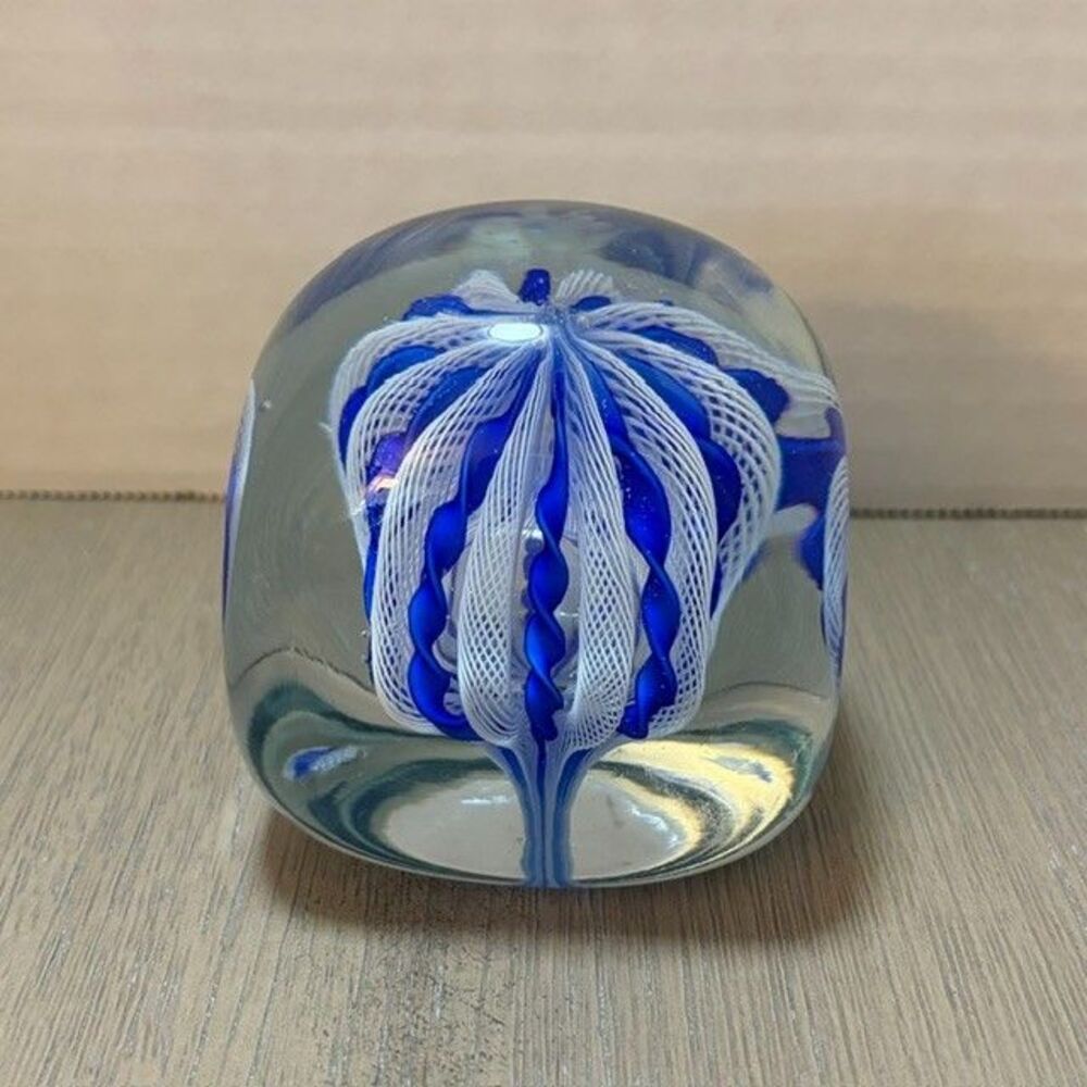 Blue and White Latticino Ribbon 3" Square Cube Glass Paperweight